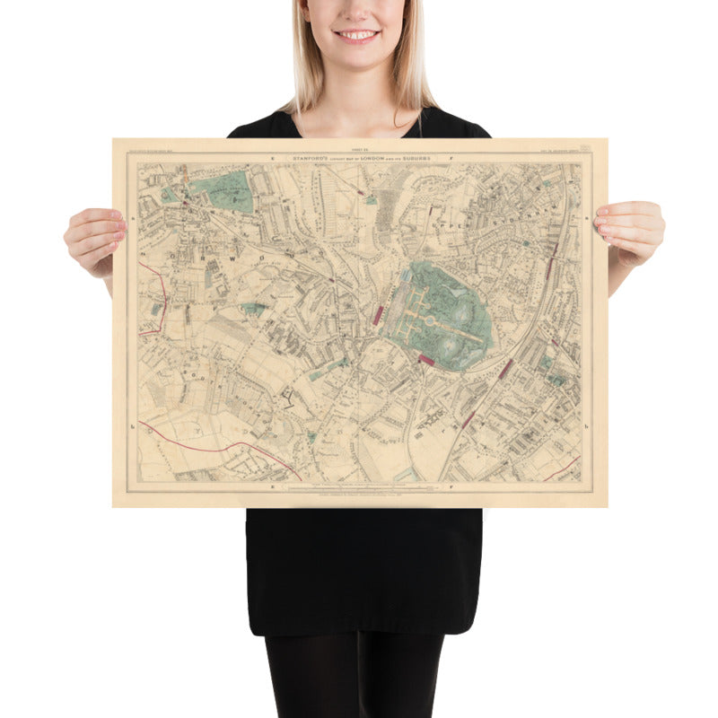 Antiguo mapa en color del sureste de Londres, 1891 - Norwood, Crystal Palace, Penge, Sydenham - SE27, SE19, SE20, SE26