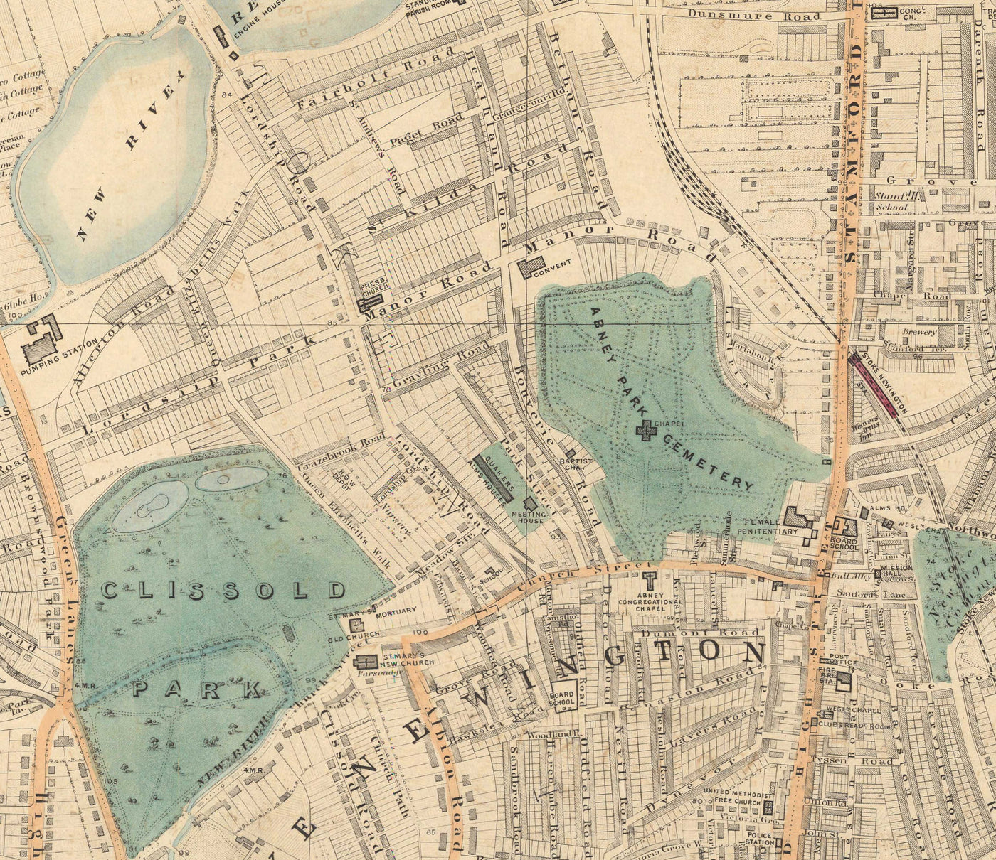 Ancienne carte en couleur du nord de Londres, 1891 - Finsbury Park, Hackney Downs, Stoke Newington, Clapton - N4, N5, N15, N16, E5