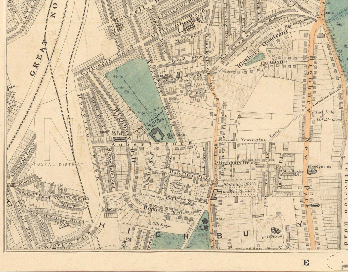 Antiguo mapa en color del norte de Londres, 1891 - Finsbury Park, Hackney Downs, Stoke Newington, Clapton - N4, N5, N15, N16, E5