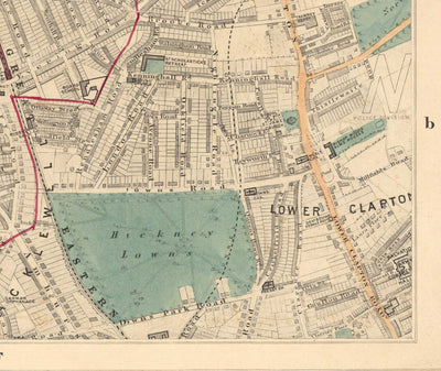 Antiguo mapa en color del norte de Londres, 1891 - Finsbury Park, Hackney Downs, Stoke Newington, Clapton - N4, N5, N15, N16, E5