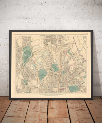 Ancienne carte en couleur du nord de Londres, 1891 - Finsbury Park, Hackney Downs, Stoke Newington, Clapton - N4, N5, N15, N16, E5