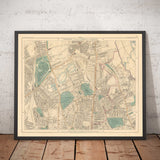 Antiguo mapa en color del norte de Londres, 1891 - Finsbury Park, Hackney Downs, Stoke Newington, Clapton - N4, N5, N15, N16, E5