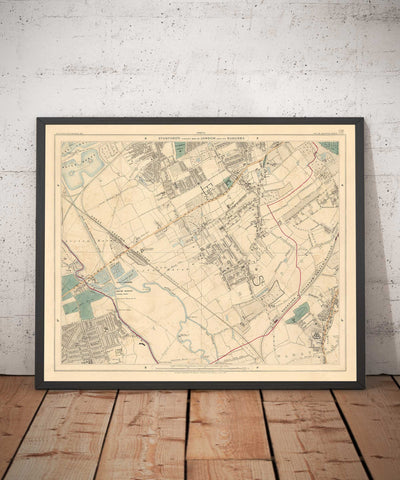 Antiguo mapa en color del noreste de Londres, 1891 - Walthamstow, Leyton, Wanstead, Leytonstone, Lea - E5, E10, E11, E17