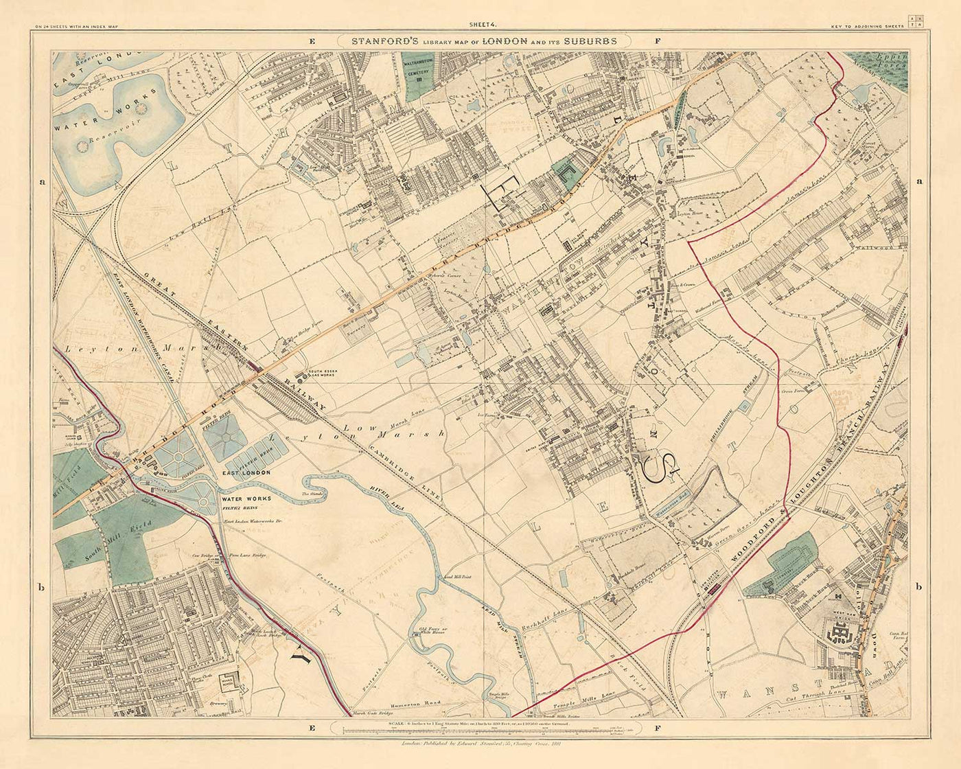 Antiguo mapa en color del noreste de Londres, 1891 - Walthamstow, Leyton, Wanstead, Leytonstone, Lea - E5, E10, E11, E17
