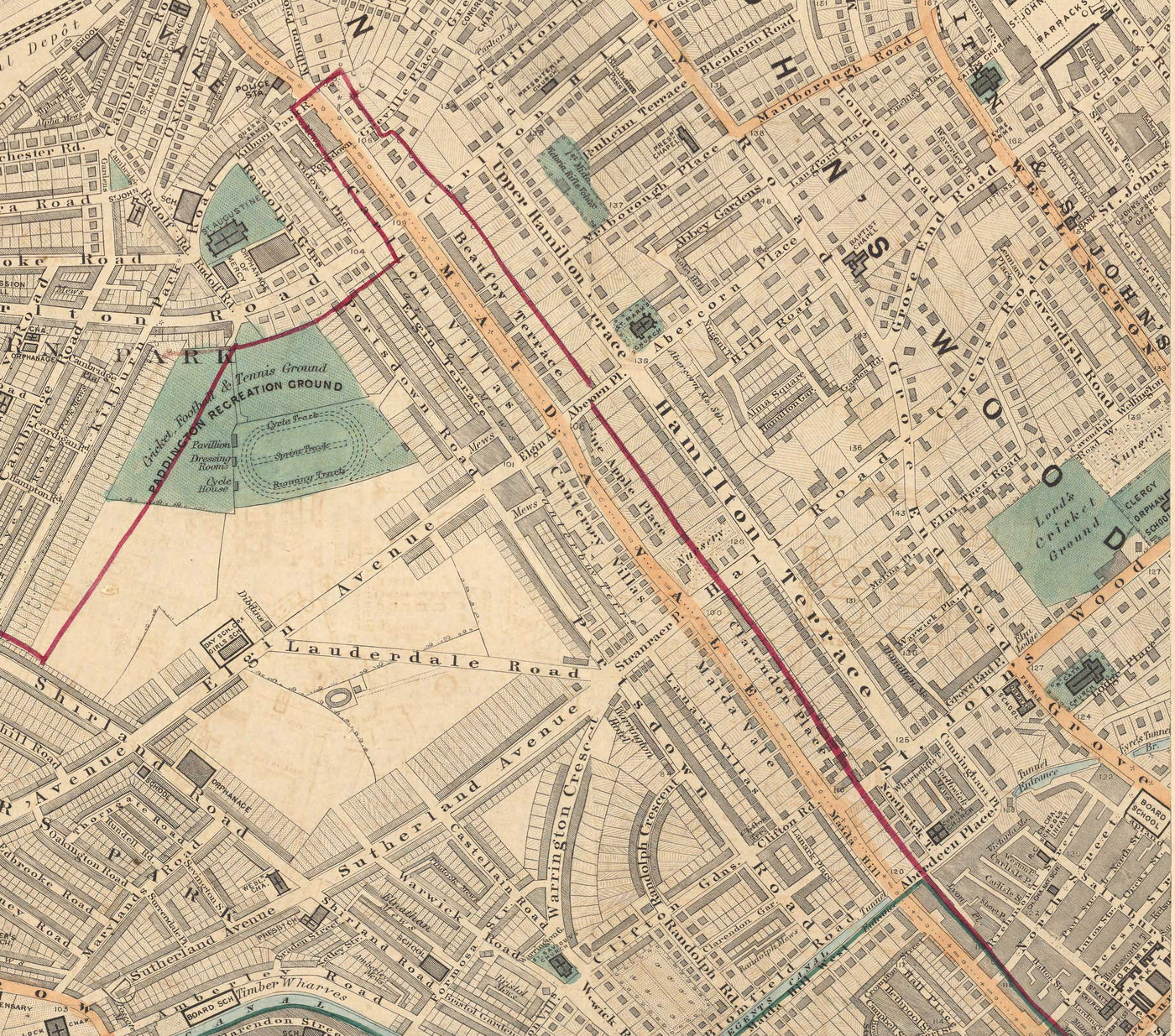 Alte Farbkarte von West London, 1862 - St Johns Wood, Kilburn, Kensal Green, Finchley Rd, Willesden - NW6, NW8, NW2, W9, W10, NW10