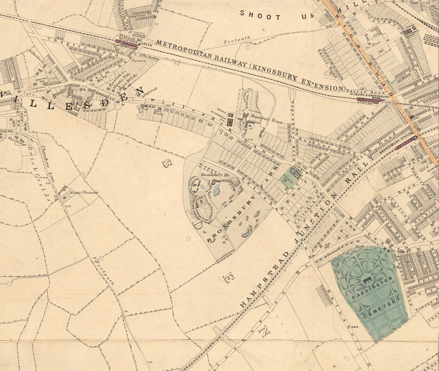 Alte Farbkarte von West London, 1862 - St Johns Wood, Kilburn, Kensal Green, Finchley Rd, Willesden - NW6, NW8, NW2, W9, W10, NW10