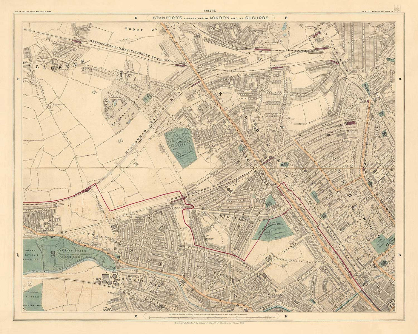Antiguo mapa en color del oeste de Londres, 1862 - St Johns Wood, Kilburn, Kensal Green, Finchley Rd, Willesden - NW6, NW8, NW2, W9, W10, NW10