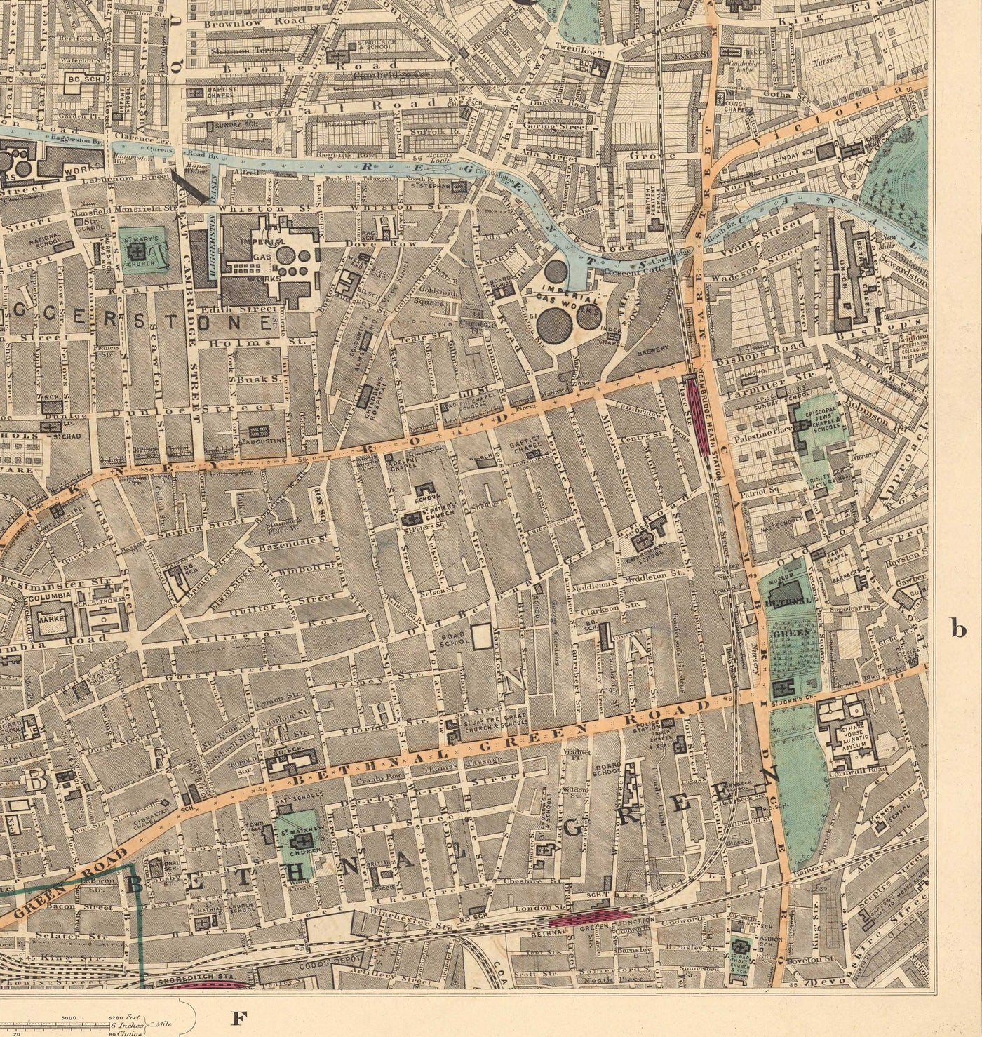 Alte Farbkarte von East London, 1891 - Hoxton, Haggerston, Dalston, Hackney, Bethnal Green - N1, N5, E8, E2, EC1