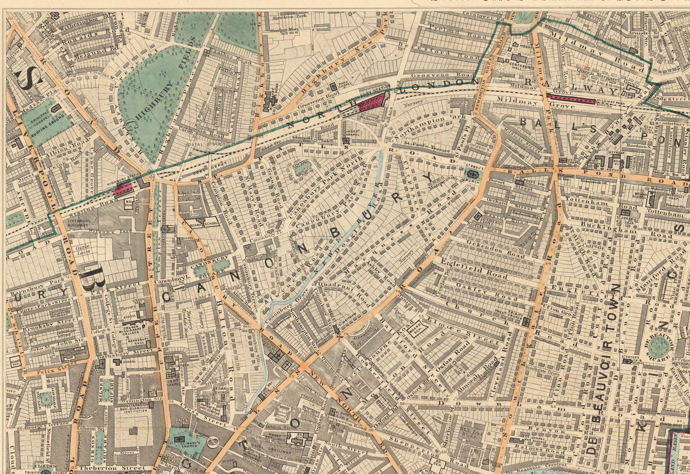 Antiguo mapa en color del este de Londres, 1891 - Hoxton, Haggerston, Dalston, Hackney, Bethnal Green - N1, N5, E8, E2, EC1