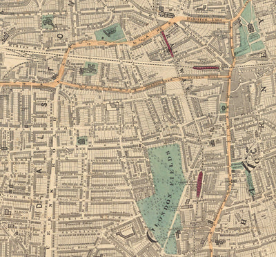 Ancienne carte en couleur de l'est de Londres, 1891 - Hoxton, Haggerston, Dalston, Hackney, Bethnal Green - N1, N5, E8, E2, EC1