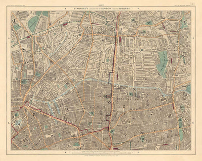 Antiguo mapa en color del este de Londres, 1891 - Hoxton, Haggerston, Dalston, Hackney, Bethnal Green - N1, N5, E8, E2, EC1