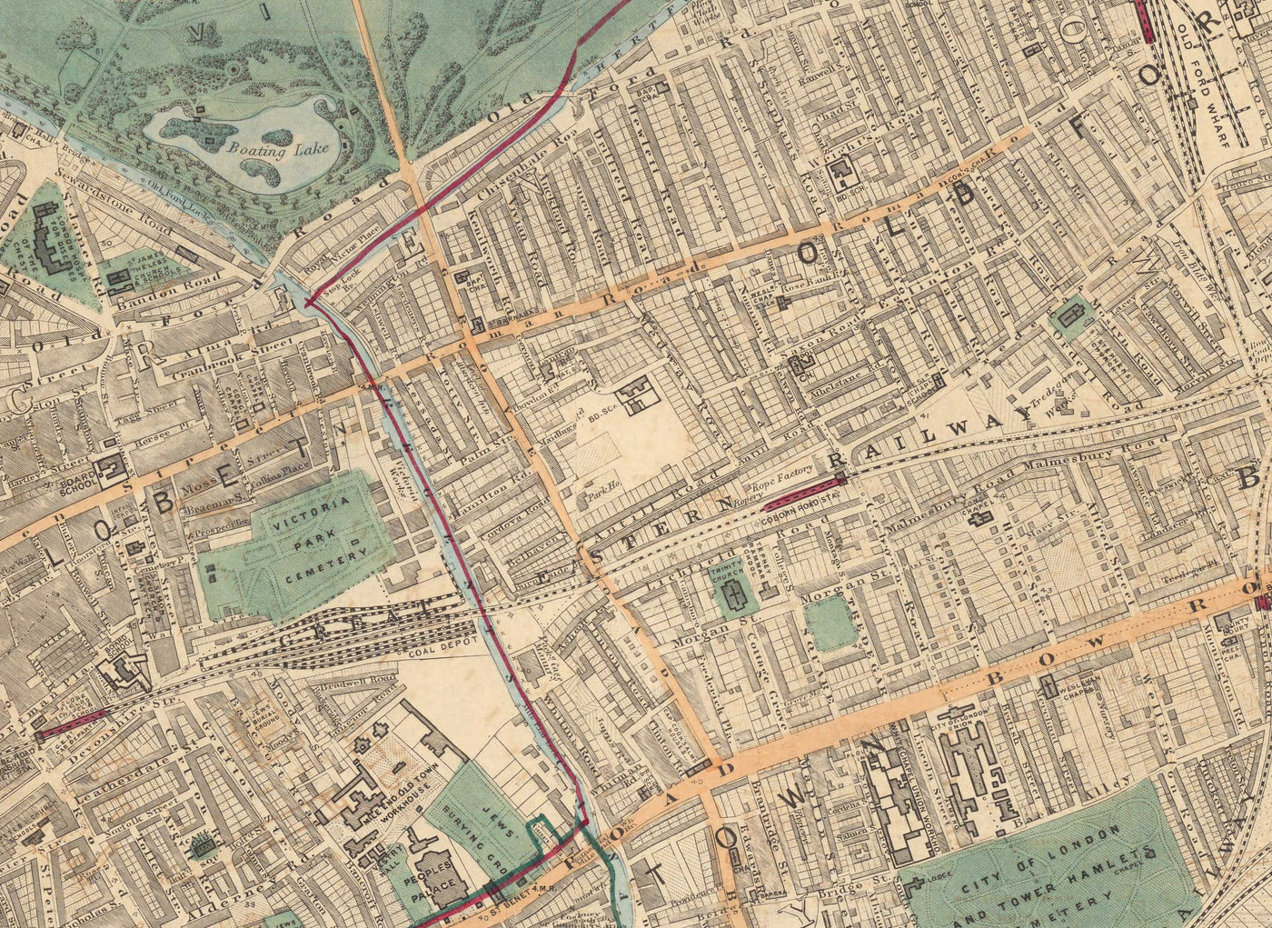 Antiguo mapa en color del este de Londres en 1891 - Victoria Park, Hackney, Bow, Stratford, Tower Hamlets - E9, E20, E3, E15