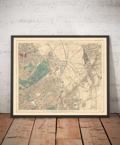Antiguo mapa en color del este de Londres en 1891 - Victoria Park, Hackney, Bow, Stratford, Tower Hamlets - E9, E20, E3, E15