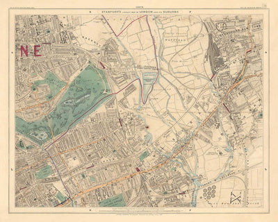 Old Colour Map of East London in 1891 - Victoria Park, Hackney, Bow, Stratford, Tower Hamlets - E9, E20, E3, E15