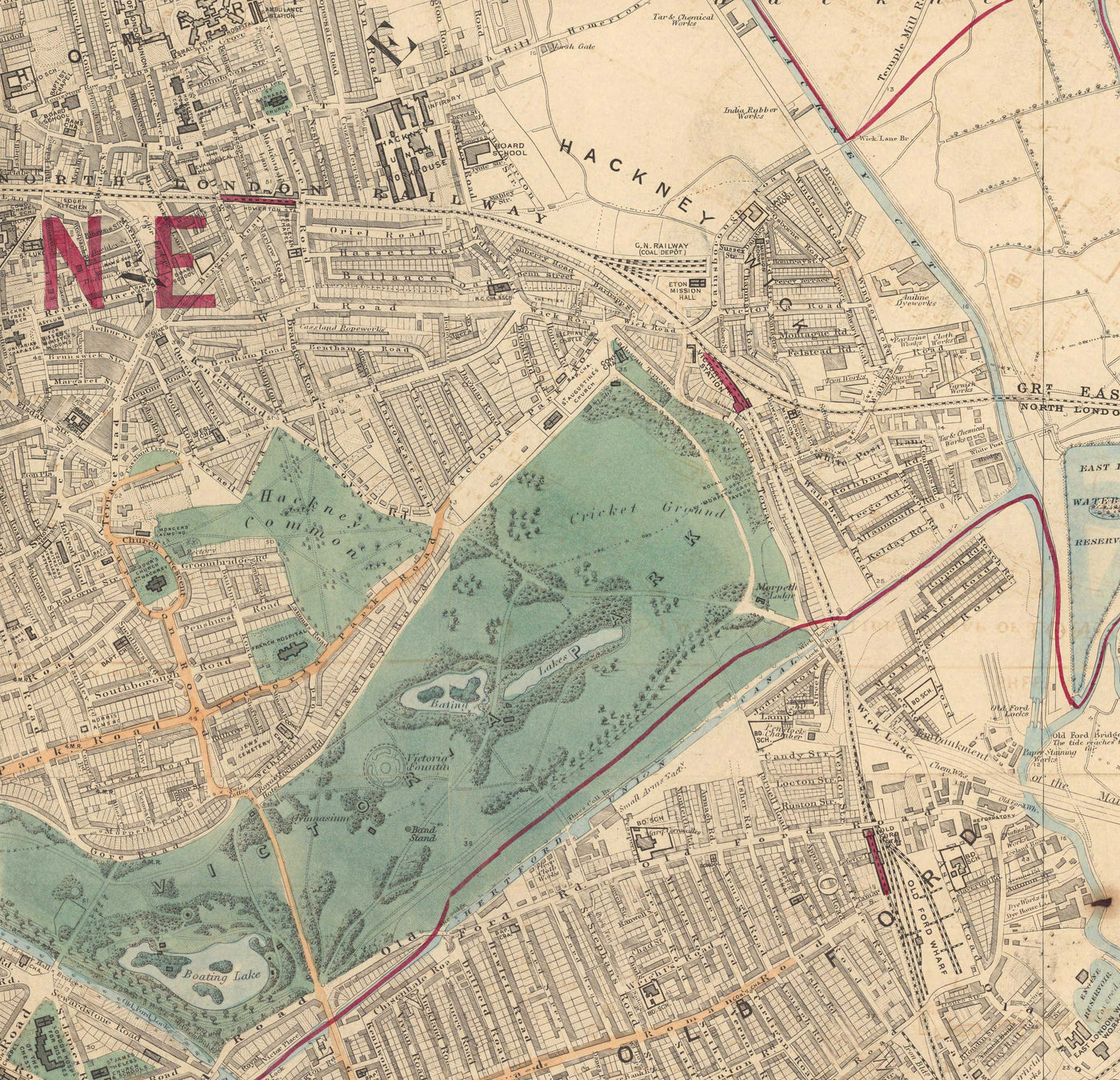 Ancienne carte en couleur de l'est de Londres en 1891 - Victoria Park, Hackney, Bow, Stratford, Tower Hamlets - E9, E20, E3, E15