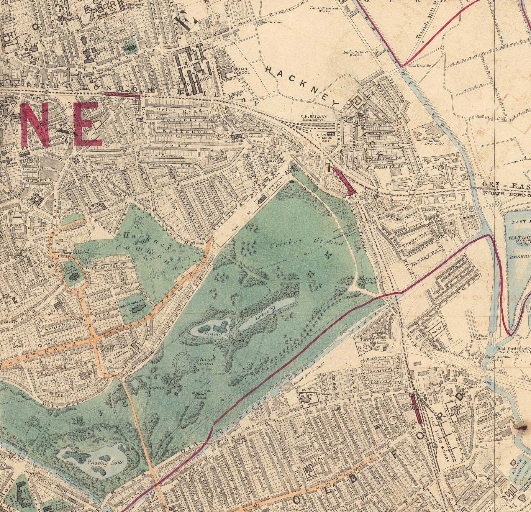 E15 Map Old Colour Map of East London in 1891 - Victoria Park, Hackney, Bow ...