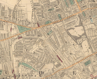 Antiguo mapa en color del oeste de Londres - Notting Hill, Kensington, Portobello Road, Shepherds Bush, Bayswater - W11 W2 W8 SW7 W14 W6 W12 W10