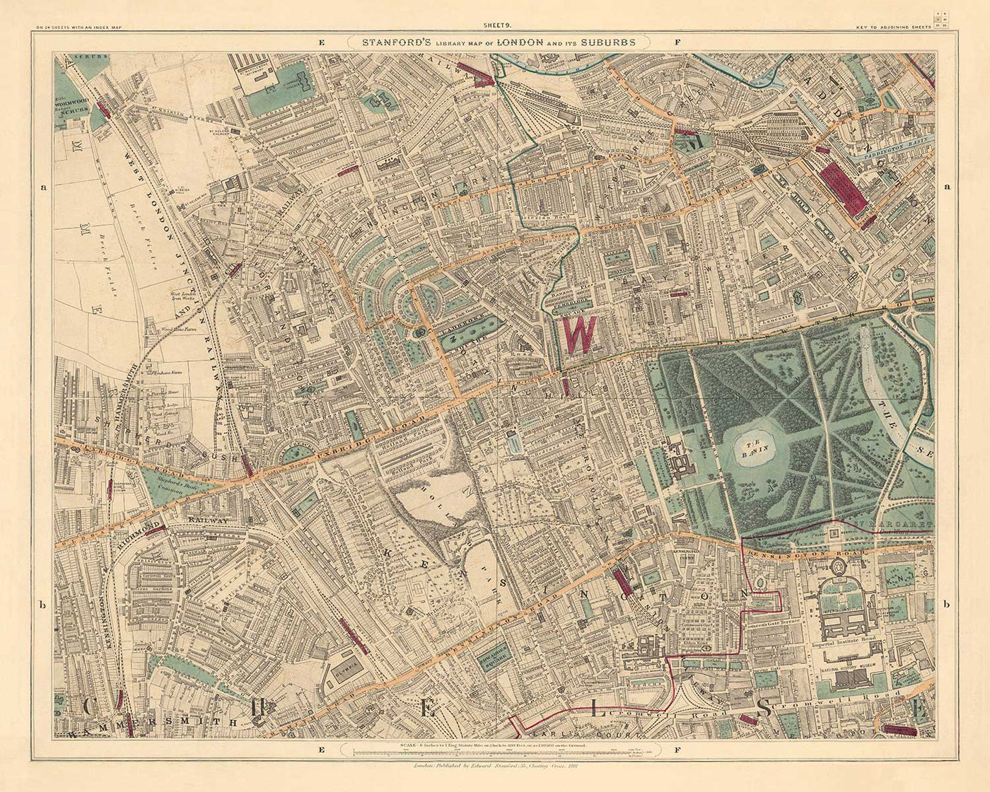 Old Colour Map of West London - Notting Hill, Kensington, Portobello Road, Shepherds Bush, Bayswater - W11 W2 W8 SW7 W14 W6 W12 W10
