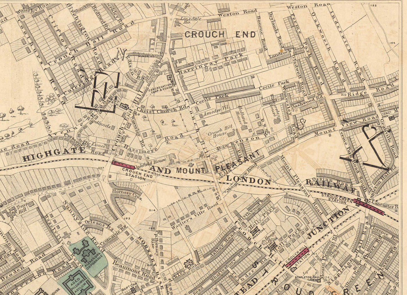 Ancienne carte en couleur du nord de Londres en 1891 - Highgate, Hampstead Heath, Holloway, Crouch End - N6, N8, N19, N7, NW3 NW5