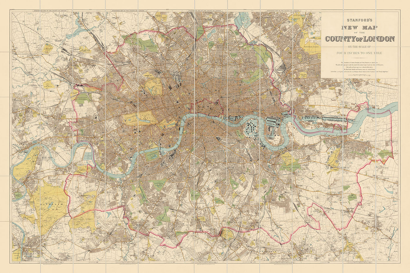 Ancienne carte de Londres par Stanford, 1905 : Buckingham Palace, St. Paul's, Thames, Houses of Parliament, Hyde Park