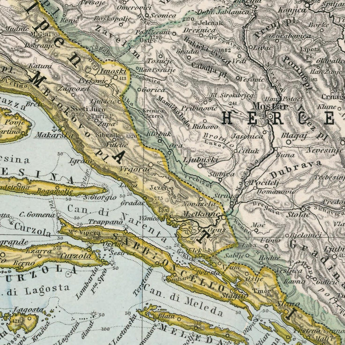 Old Map of Croatia and Bosnia by Adolf Stieler, 1894: Adriatic Sea, the Dalmatian Coast, and the Velebit Mountains