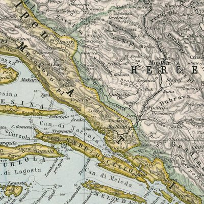 Old Map of Croatia and Bosnia by Adolf Stieler, 1894: Adriatic Sea, the Dalmatian Coast, and the Velebit Mountains