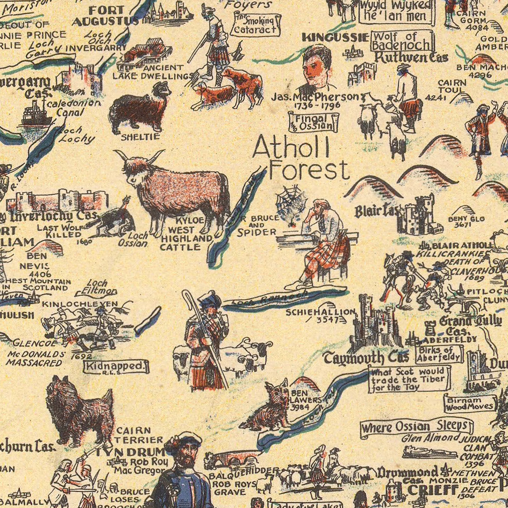 Old Story Map of Scotland, 1935: History, Tartans, Flora MacDonald, Bonnie Prince Charlie