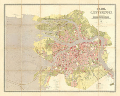 Alte Karte von Sankt Petersburg von Iljin, 1887: Admiralität, Isaakskathedrale, Winterpalast, Fluss Newa, Obwodny-Kanal