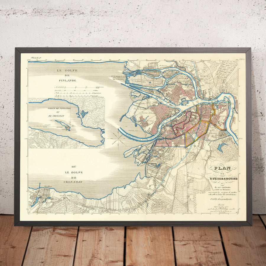 Antigua mapa de San Petersburgo por Wiebeking, 1840: Prospekt Nevsky, Vasilievsky, río Fontanka, paseo marítimo, inundación de 1824 