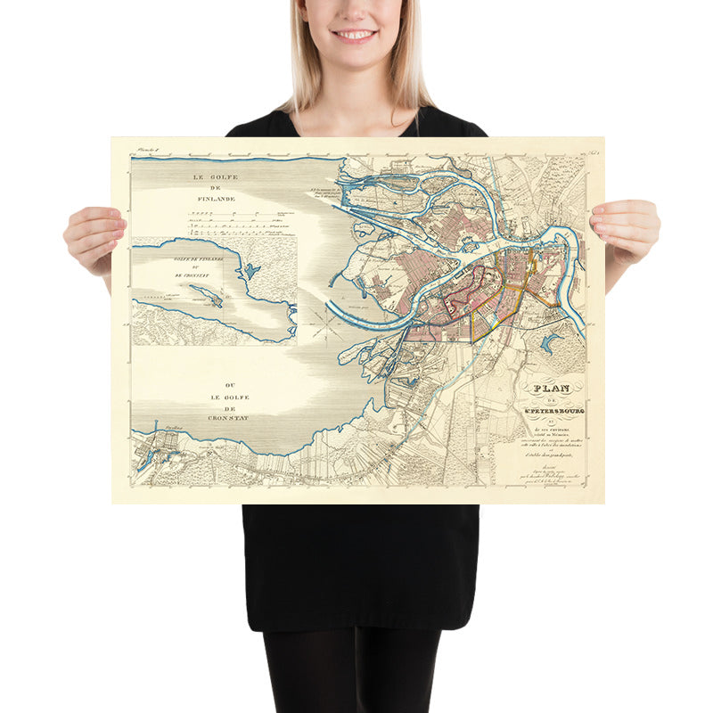 Antigua mapa de San Petersburgo por Wiebeking, 1840: Prospekt Nevsky, Vasilievsky, río Fontanka, paseo marítimo, inundación de 1824 