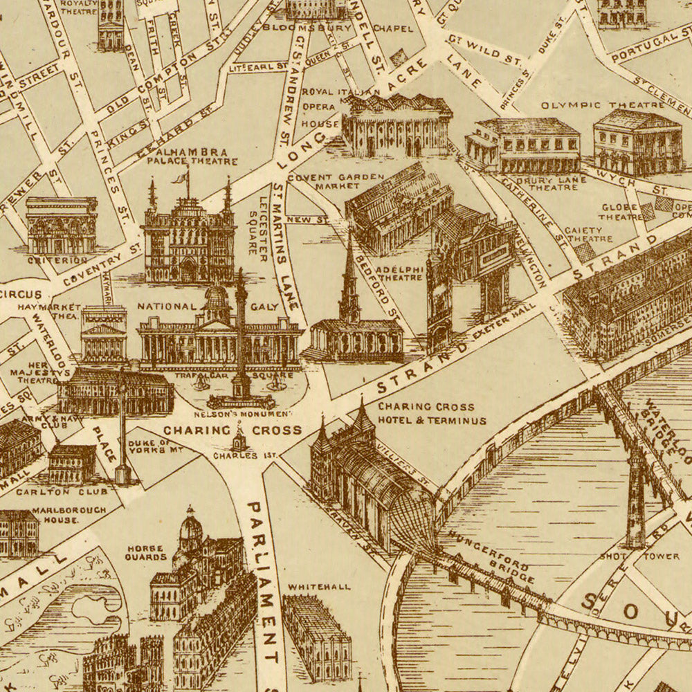 Ancienne carte picturale de Londres par Young, 1877 : Cours royales de justice, Tamise, Hyde Park, Tour de Londres, Cathédrale Saint-Paul