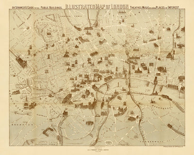 Antiguo mapa pictórico de Londres por Young, 1877: Tribunales reales de justicia, Támesis, Hyde Park, Torre de Londres, Catedral de San Pablo
