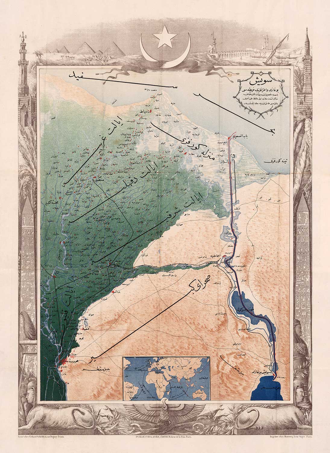 Old Arabic Map of Suez Canal by Erhard Schieble in 1869 - River Nile, Cairo, Mediterranean Sea, Mansoura