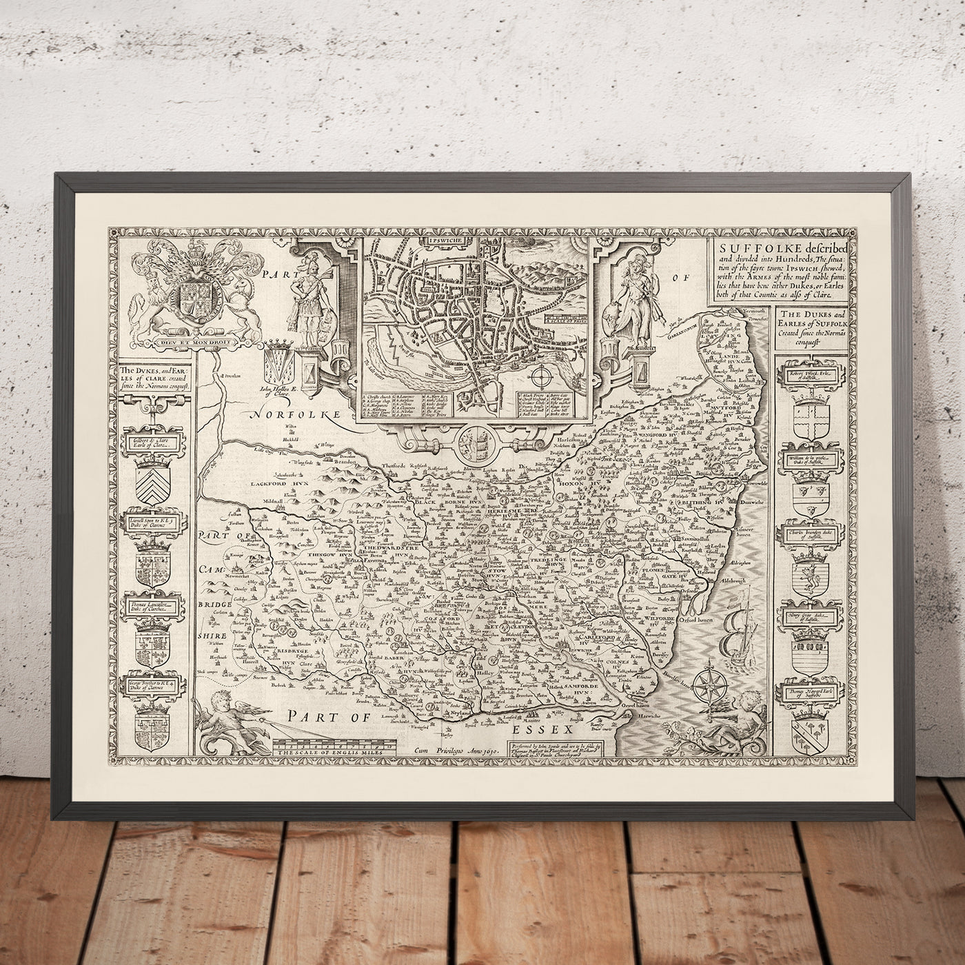 Alte monochrome Karte von Suffolk, 1611 von Speed - Ipswich, Lowestoft, Bury St Edmunds, Haverhill, Felixstowe 