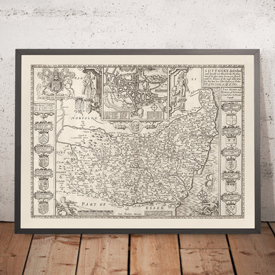 Alte monochrome Karte von Suffolk, 1611 von Speed - Ipswich, Lowestoft, Bury St Edmunds, Haverhill, Felixstowe 