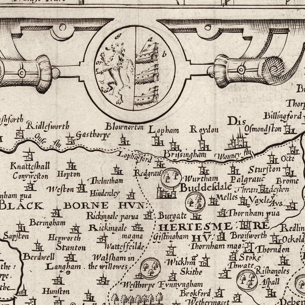 Alte monochrome Karte von Suffolk, 1611 von Speed - Ipswich, Lowestoft, Bury St Edmunds, Haverhill, Felixstowe 