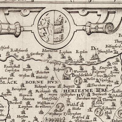 Alte monochrome Karte von Suffolk, 1611 von Speed - Ipswich, Lowestoft, Bury St Edmunds, Haverhill, Felixstowe 