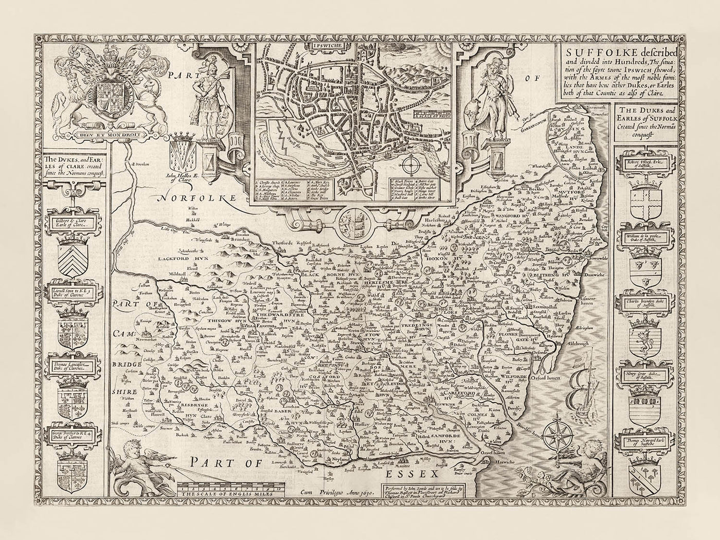 Alte monochrome Karte von Suffolk, 1611 von Speed - Ipswich, Lowestoft, Bury St Edmunds, Haverhill, Felixstowe 