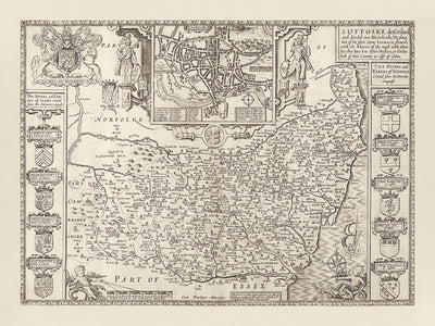 Alte monochrome Karte von Suffolk, 1611 von Speed - Ipswich, Lowestoft, Bury St Edmunds, Haverhill, Felixstowe 