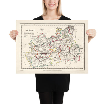 Old Map of Surrey by Samuel Lewis, 1844: London, Guildford, Woking, Ewell, and Camberley