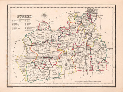 Old Map of Surrey by Samuel Lewis, 1844: London, Guildford, Woking, Ewell, and Camberley