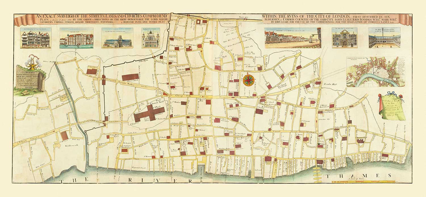 Ancienne carte du grand incendie de Londres en 1667 par John Leake & George Vertue - London Bridge, Westminster, la Tamise, la cathédrale St Paul, Southwark