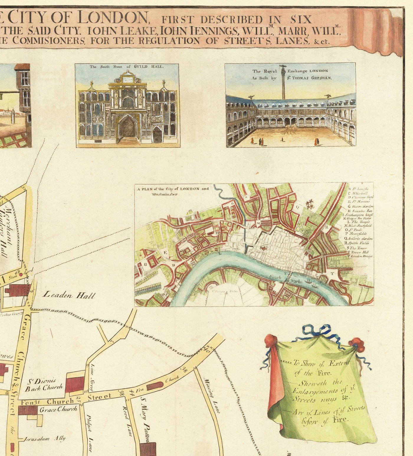 Alte Karte des großen Brandes von London im Jahr 1667 von John Leake & George Vertue - London Bridge, Westminster, Themse, St. Paul's Cathedral, Southwark