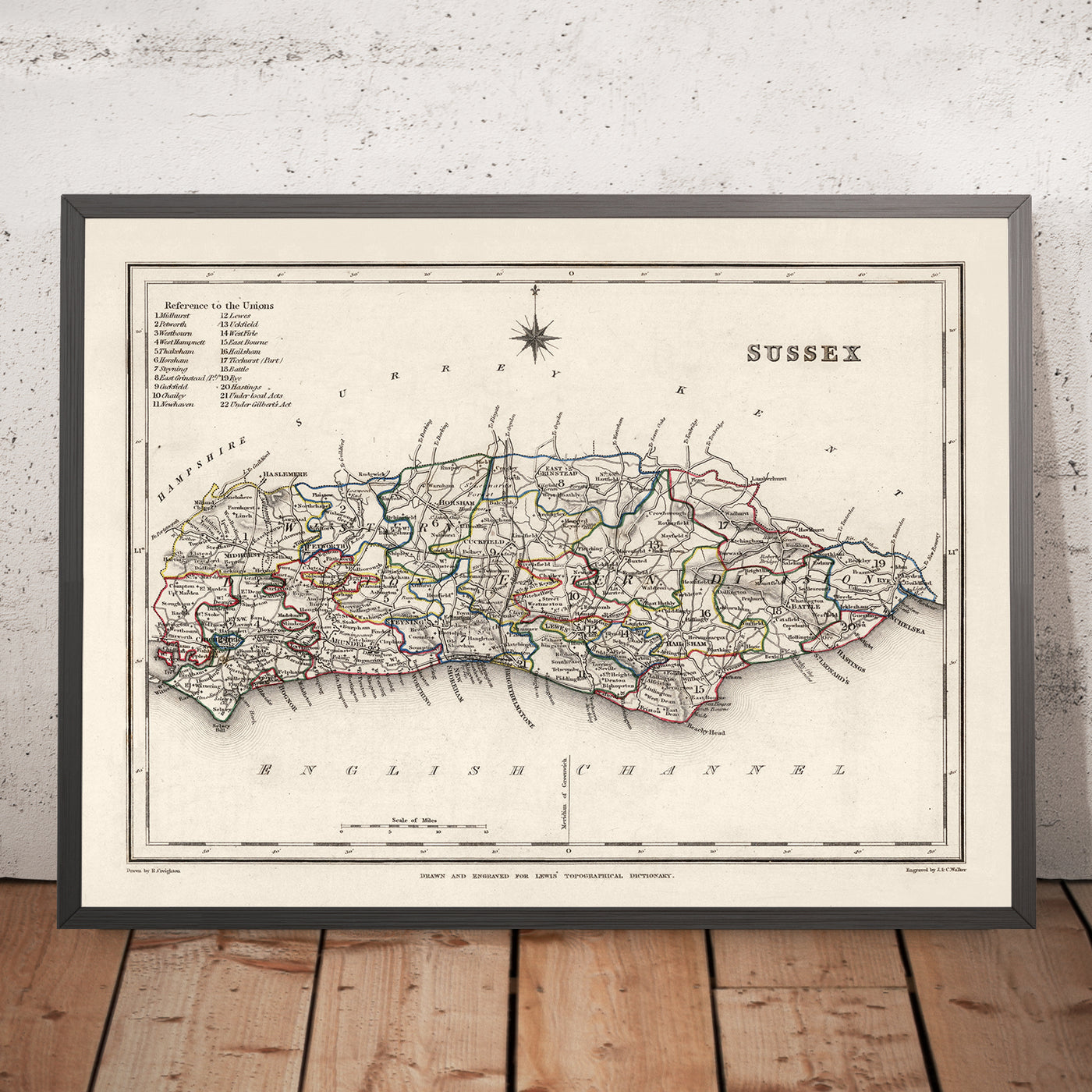 Alte Karte von Ost- und West-Sussex von Samuel Lewis, 1844: Brighton, Crawley, Worthing, Eastbourne und Hastings 