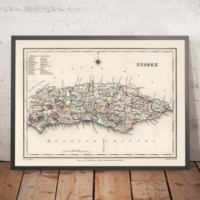 Alte Karte von Ost- und West-Sussex von Samuel Lewis, 1844: Brighton, Crawley, Worthing, Eastbourne und Hastings 
