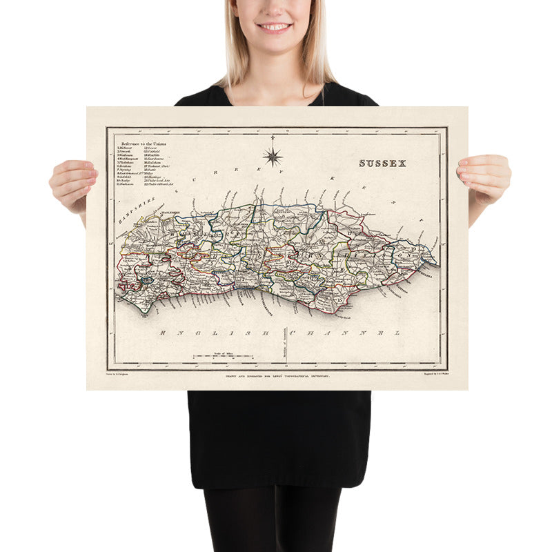 Alte Karte von Ost- und West-Sussex von Samuel Lewis, 1844: Brighton, Crawley, Worthing, Eastbourne und Hastings 