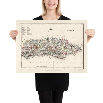 Alte Karte von Ost- und West-Sussex von Samuel Lewis, 1844: Brighton, Crawley, Worthing, Eastbourne und Hastings 