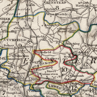Alte Karte von Ost- und West-Sussex von Samuel Lewis, 1844: Brighton, Crawley, Worthing, Eastbourne und Hastings 