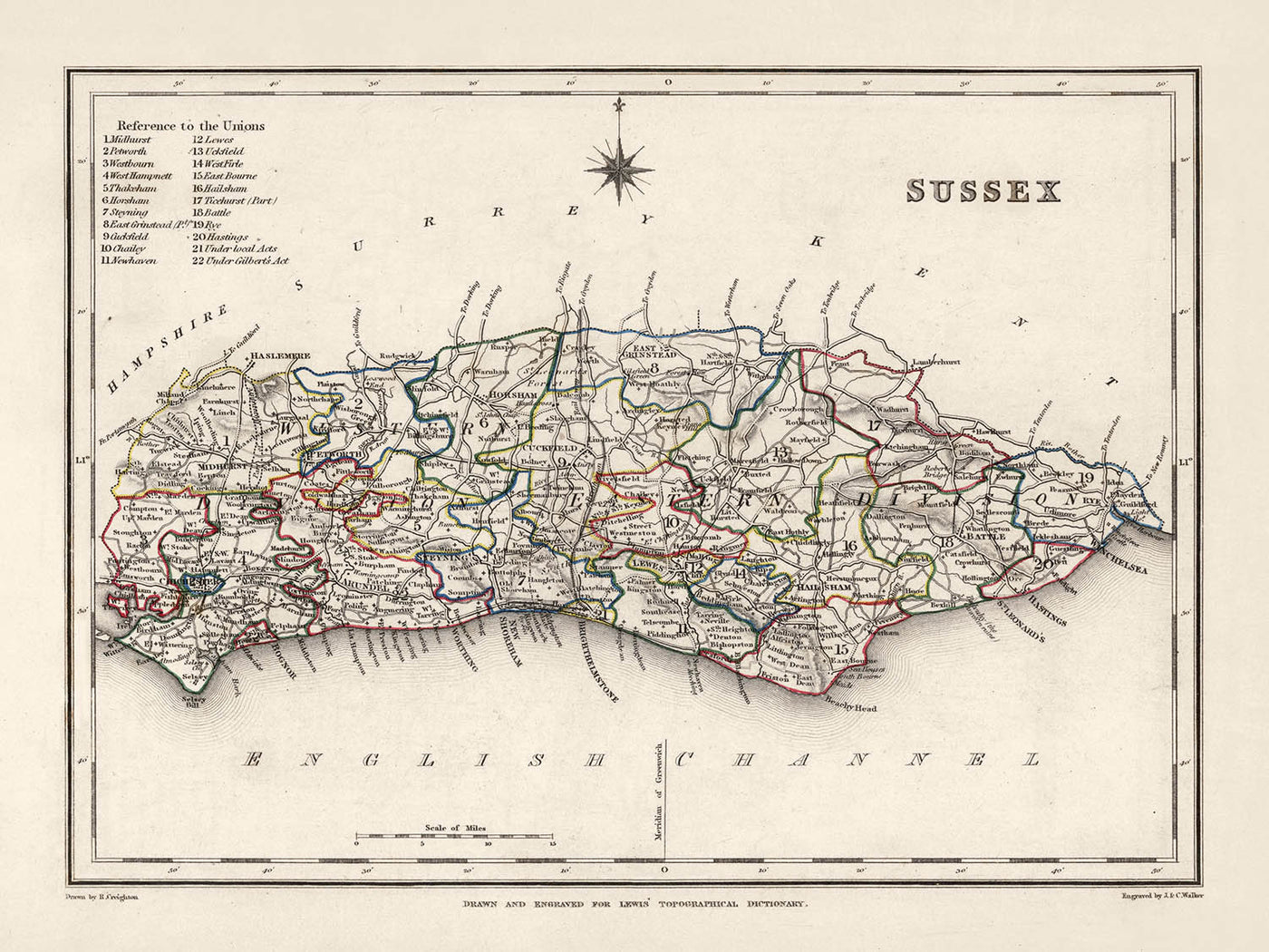 Alte Karte von Ost- und West-Sussex von Samuel Lewis, 1844: Brighton, Crawley, Worthing, Eastbourne und Hastings 