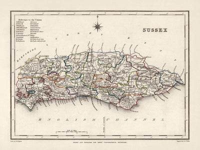 Alte Karte von Ost- und West-Sussex von Samuel Lewis, 1844: Brighton, Crawley, Worthing, Eastbourne und Hastings 